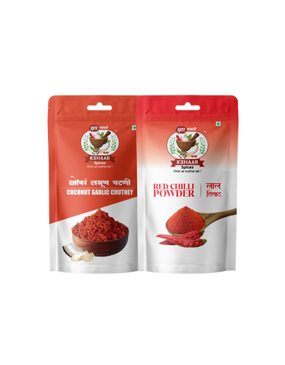 Two Kishor Spice packages, one for coconut garlic chutney and the other for red chili powder, on a white background.