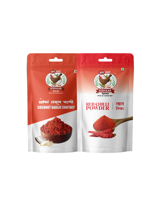 Two Kishor Spice packages, one for coconut garlic chutney and the other for red chili powder, on a white background.