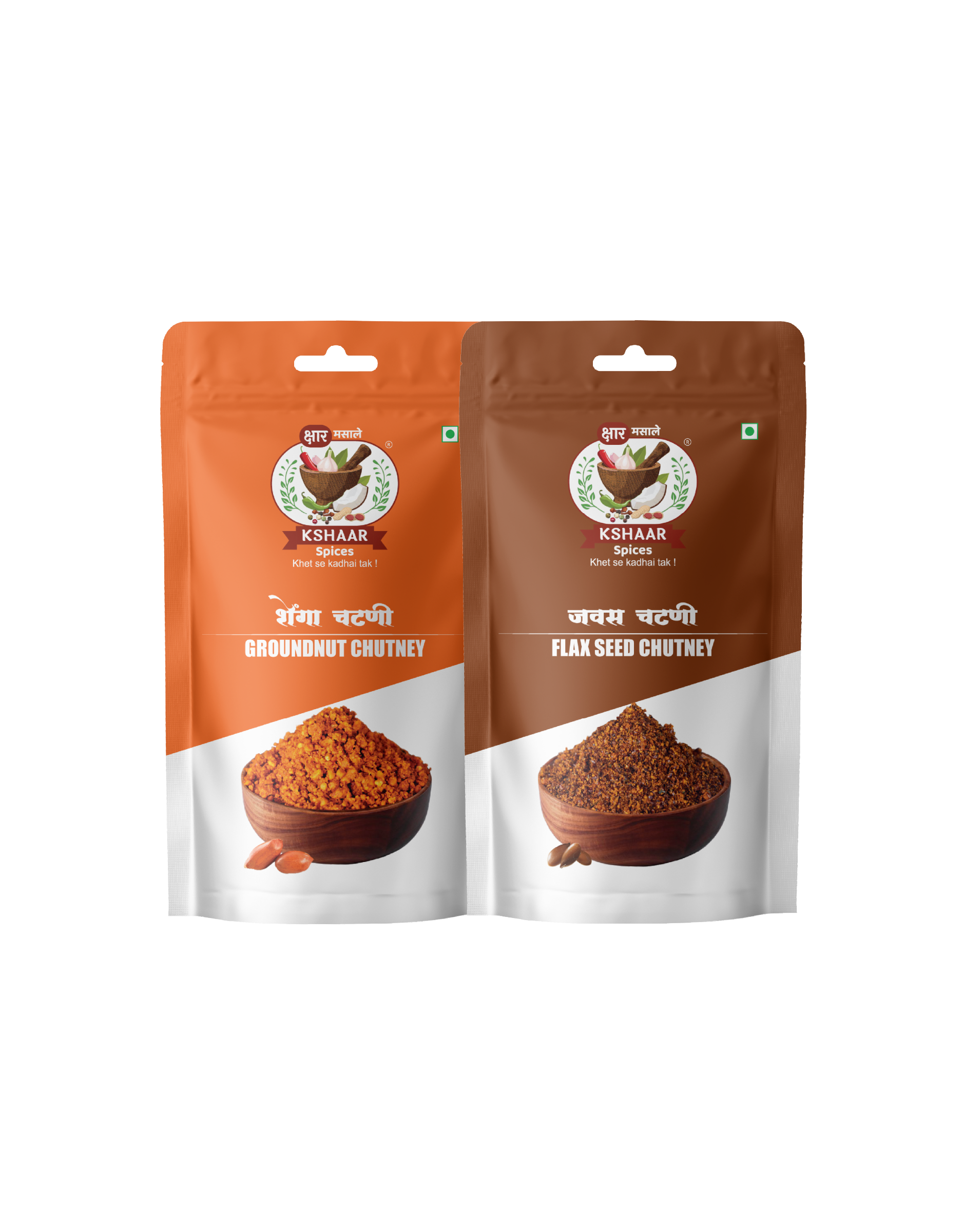 Two packages of Kshaar Chutney, one for Groundnut Chutney and the other for Flax Seed Chutney.