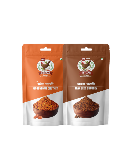 Two packages of Kshaar Chutney, one for Groundnut Chutney and the other for Flax Seed Chutney.