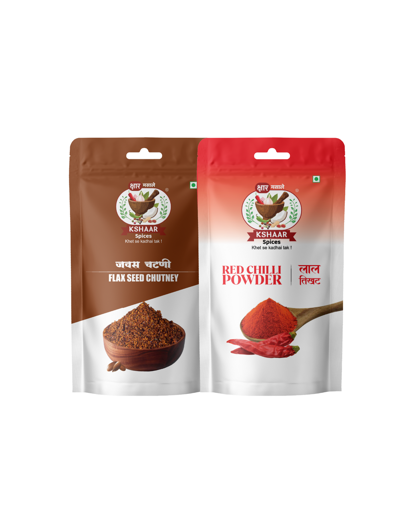 Two spice packages from Kshaaar Spice: Flax Seed Chutney and Red Chilli Powder, on a white background.