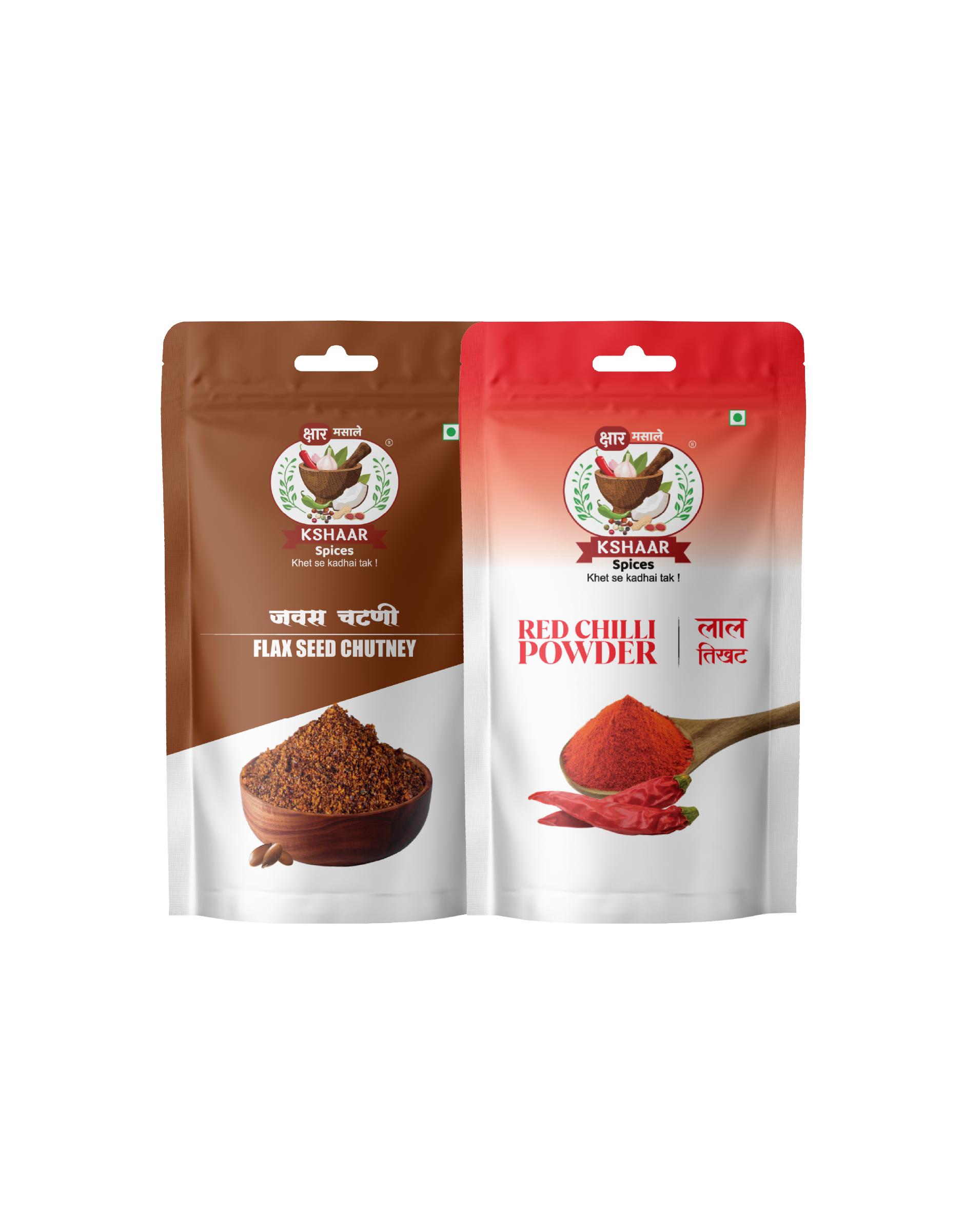 Two spice packages from Kshaaar Spice: Flax Seed Chutney and Red Chilli Powder, on a white background.
