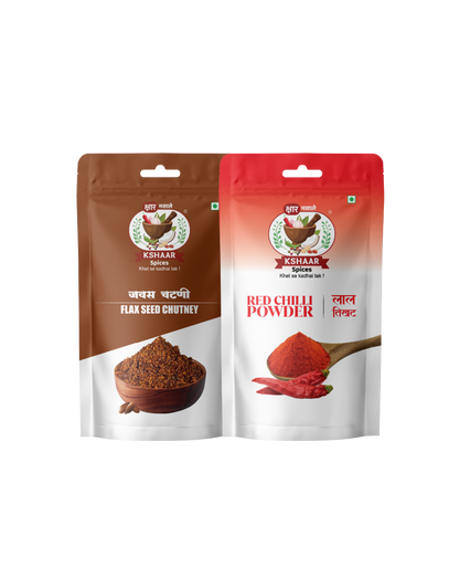 Two spice packages from Kshaaar Spice: Flax Seed Chutney and Red Chilli Powder, on a white background.