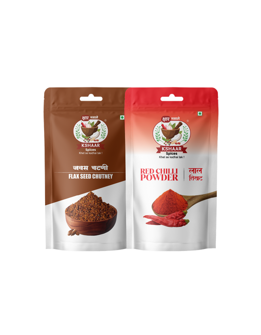 Two spice packages from Kshaaar Spice: Flax Seed Chutney and Red Chilli Powder, on a white background.